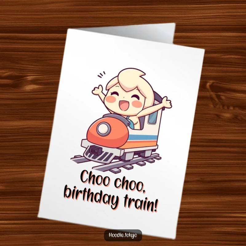 Funny Free Printable Birthday Card: Joyful character speeding on a tiny bullet train, ready to deliver birthday cheer instantly.