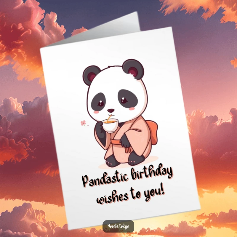 Funny Free Printable Birthday Card: Round Panda in Kimono Sipping Tea Gracefully for a Hilarious Celebration.