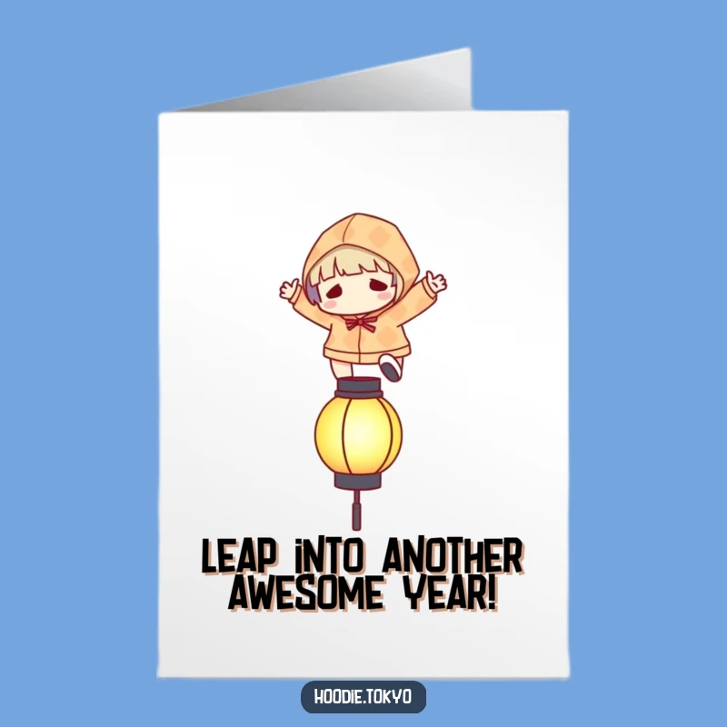 Free Printable Birthday Card: Leaping Hoodie Character, Glowing Lantern, Fun Downloadable Gift