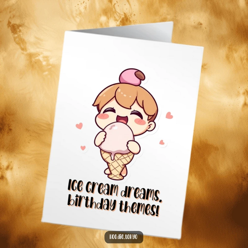 Funny Free Printable Birthday Card: Kawaii character happily devouring a massive ice cream cone, perfect for a sweet and silly greeting.