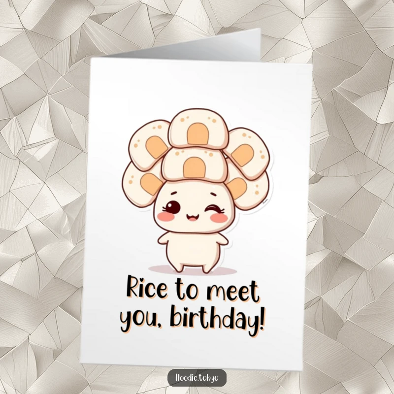 Funny Free Printable Birthday Card: Smiling character precariously balancing multiple giant onigiri on its head.