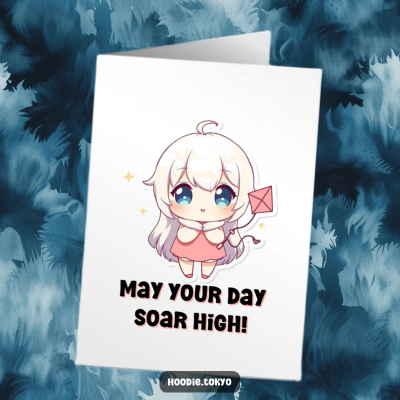 Funny free printable birthday card featuring a character with sparkling eyes joyfully holding a tiny, whimsical kite, ready for adventure.