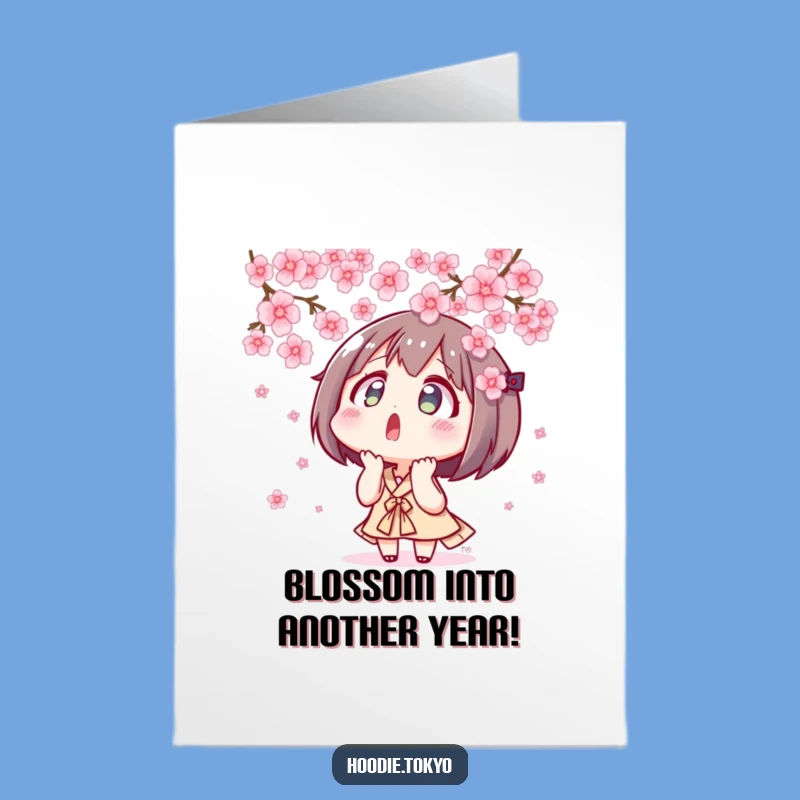 Free Printable Birthday Card: Surprised Tokyo Character - Funny Cherry Blossom Downloadable Gift