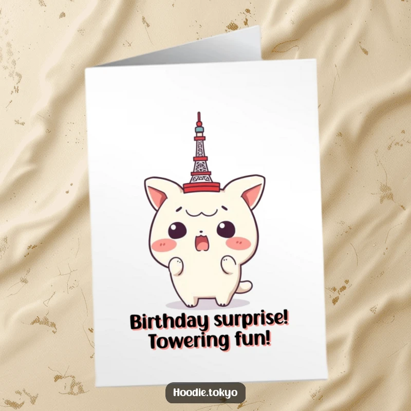Funny Free Printable Birthday Card: Surprised Character with Tiny Tokyo Tower on Head, Unexpected Celebration