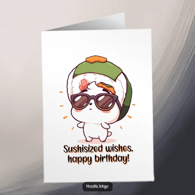 Funny Free Printable Birthday Card: Surprised character in cool sunglasses looks up at a giant sushi roll, a hilarious birthday surprise.