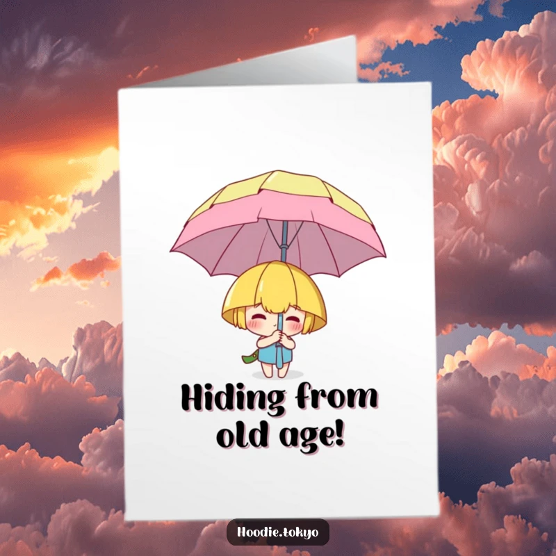 Funny Free Printable Birthday Card: A character playfully hides behind a massive, cartoonish umbrella, peeking out slightly.