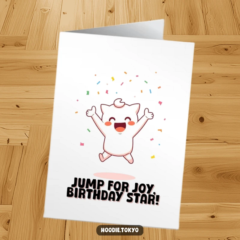 Funny Free Printable Birthday Card: Cute Kawaii character joyfully jumps amidst a shower of colorful confetti.