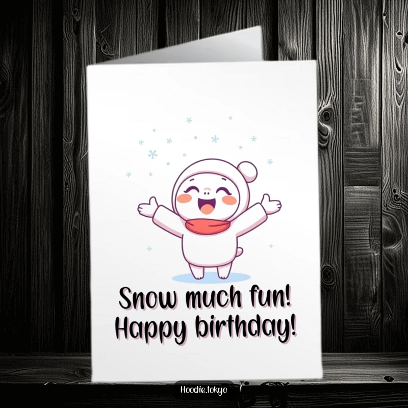 Funny Free Printable Birthday Card: A happy character joyfully catches falling snowflakes with outstretched arms.