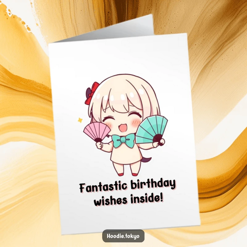 Funny Free Printable Birthday Card: Character in a bow tie enthusiastically waves a fan, celebrating a birthday with flair.