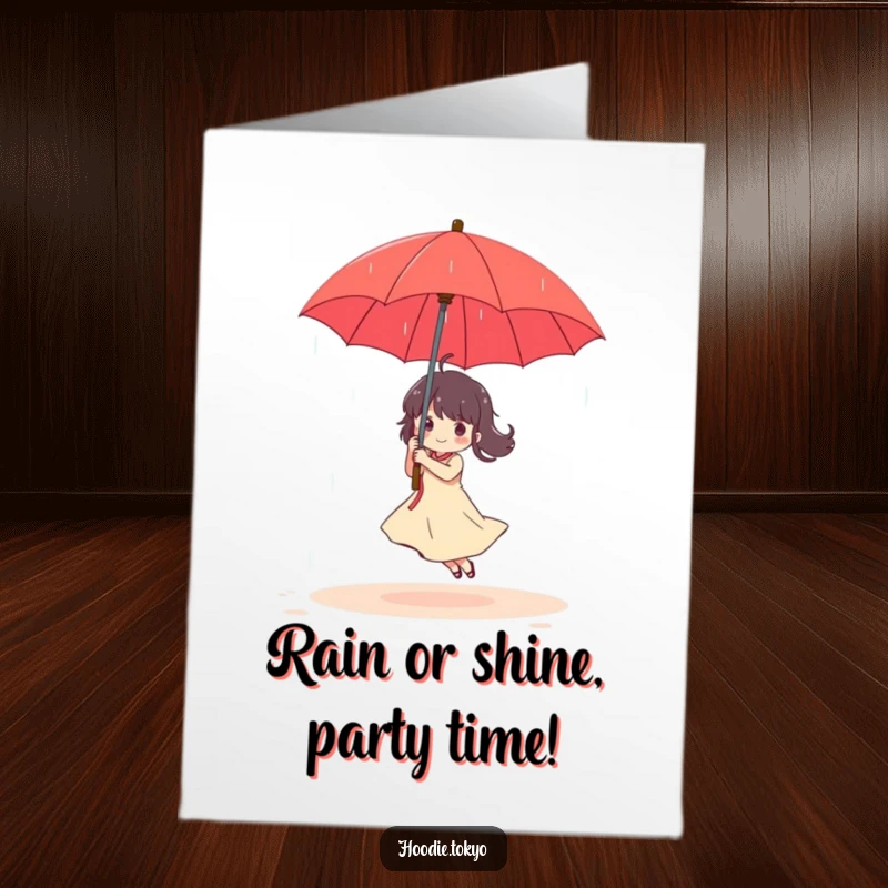 Funny Free Printable Birthday Card: Character joyfully dances with a bright red umbrella in a gentle, happy rain shower.