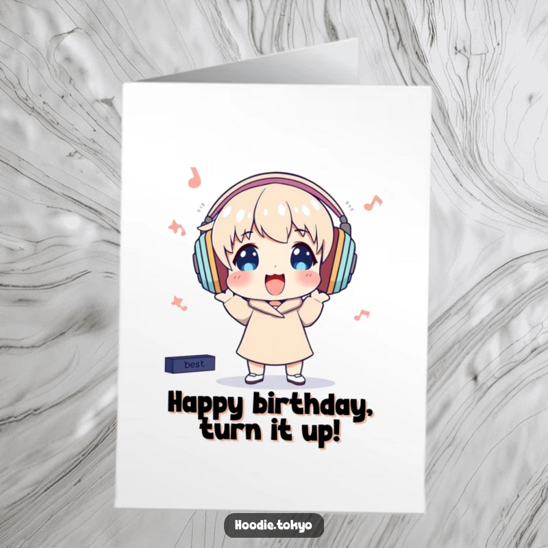 Funny Free Printable Birthday Card: Character with oversized headphones bops excitedly to unheard music, celebrating with rhythm.
