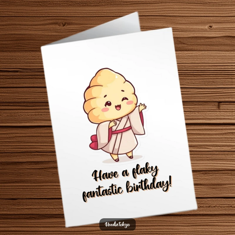 Funny Free Printable Birthday Card: A smiling croissant in a kimono does a playful twirl, delivering birthday fun.