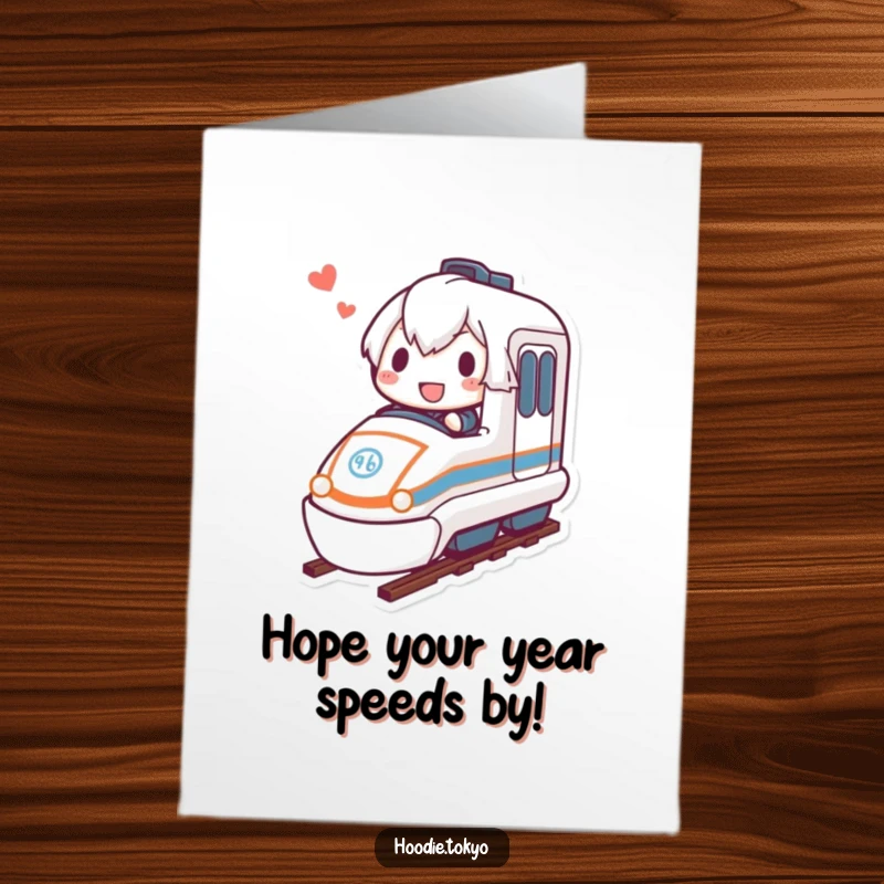 Funny free printable birthday card: determined character joyfully riding a miniature bullet train at high speed.