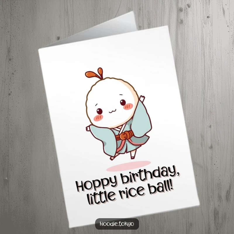 Funny Free Printable Birthday Card: A tiny rice ball in a kimono does a silly hop, bringing playful birthday cheer.