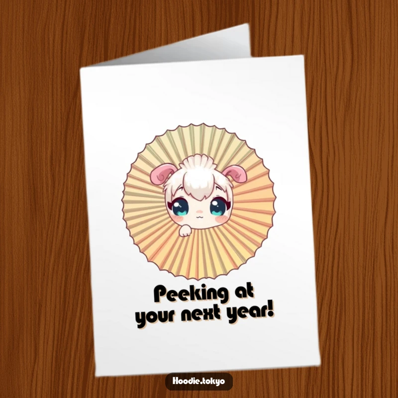 Funny Free Printable Birthday Card: A curious character peeking with wide eyes through a large, ornate fan, full of wonder.