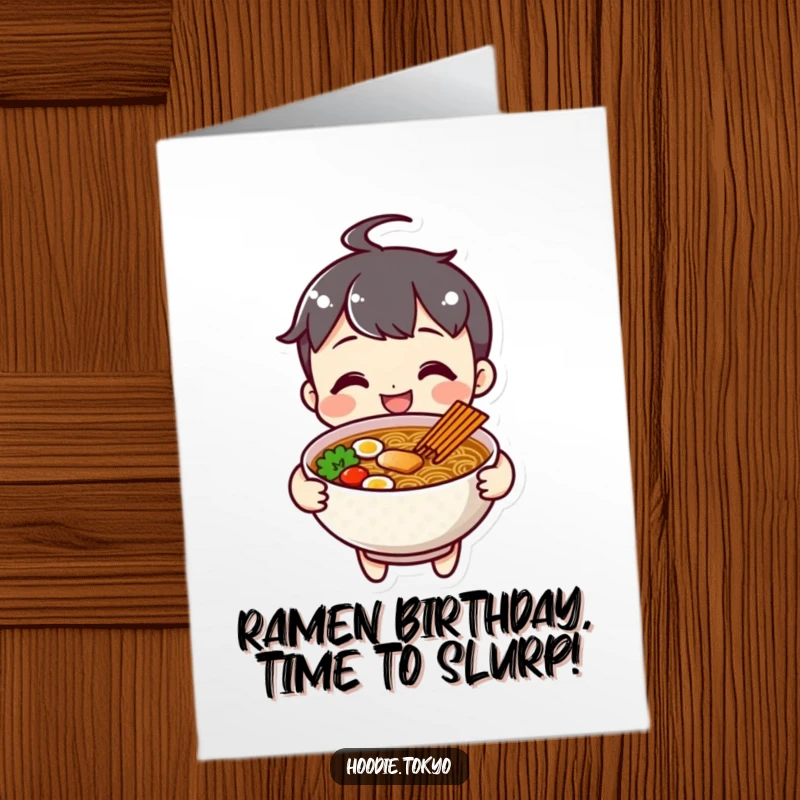 Funny Free Printable Birthday Card: A cheerful character beaming while offering a steaming bowl of ramen with a friendly smile.