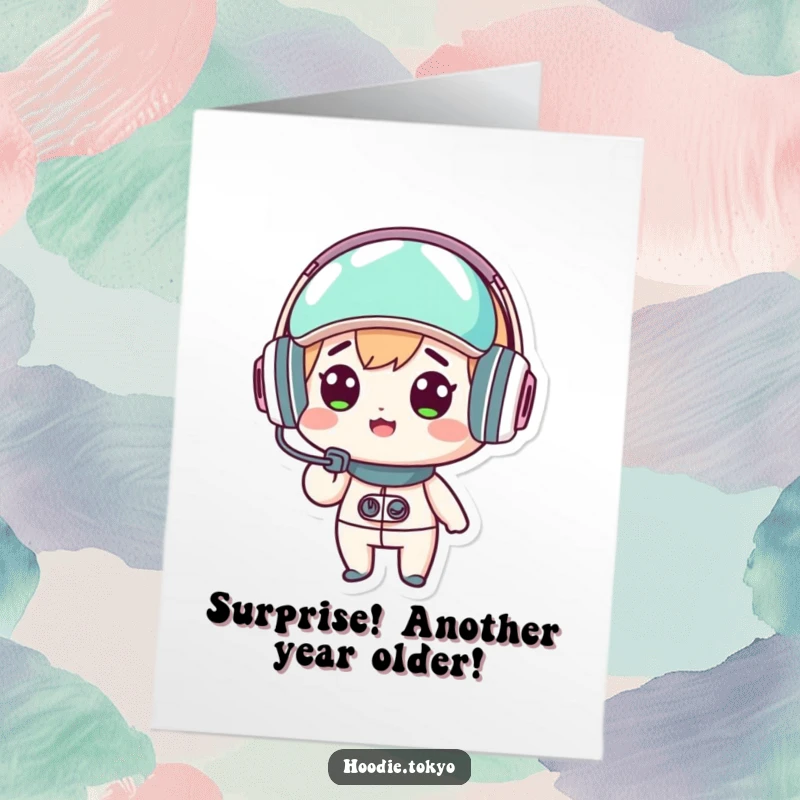 Funny Free Printable Birthday Card: Kawaii character in a futuristic headset, eyes wide with surprise, celebrating your birthday.