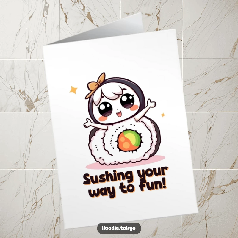 Funny Free Printable Birthday Card: Kawaii character doing a silly dance on a giant sushi roll, spreading joy.