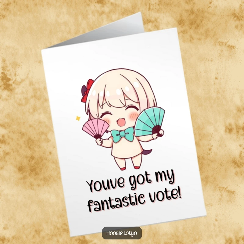 Funny Free Printable Congrats Card: Character in a cute bow tie energetically waves a fan, celebrating a grand occasion.