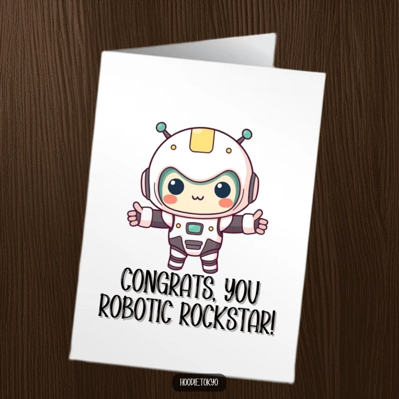 Funny Free Printable Congratulations Card: Kawaii character dons a tiny robot costume, arms outstretched in a celebratory robotic gesture.