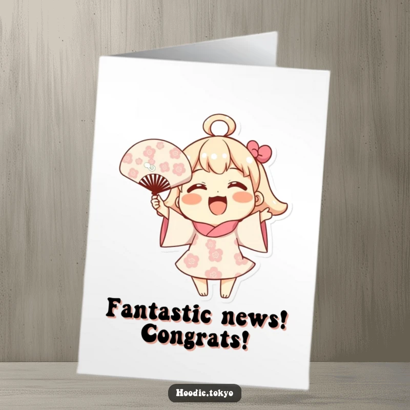 Funny Free Printable Congratulations Card: Joyful Character Waving Blooming Pattern Fan, Cheerful Success