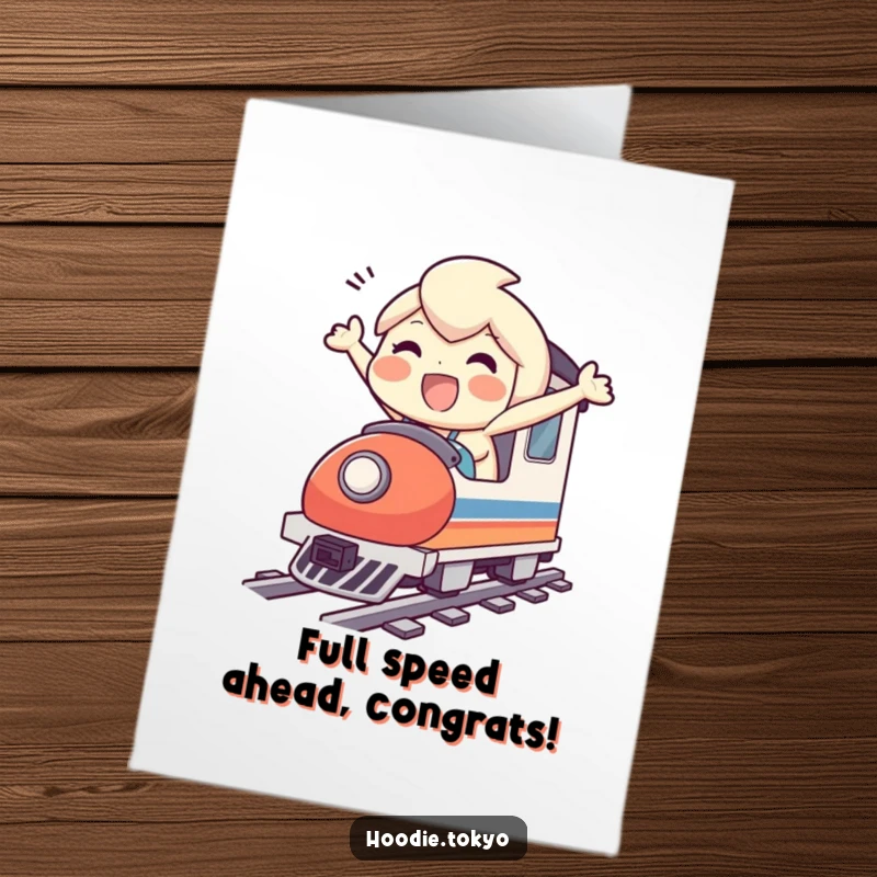 Funny Free Printable Congratulations Card: Character joyfully riding a mini bullet train, celebrating success with speed and a huge smile.