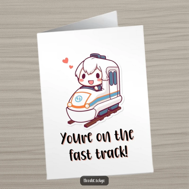 Funny free printable congratulations card: character riding a miniature bullet train with pure joy and determination.