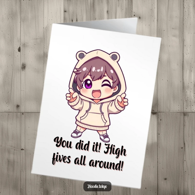 Funny Free Printable Congrats Card: Cute excited character in a fashionable hoodie striking a dramatic pose for your celebration.