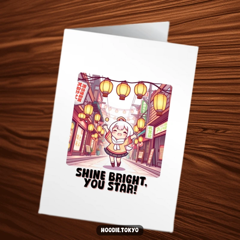 Funny Free Printable Congratulations Card: Kawaii character juggles glowing lanterns in Tokyo, celebrating success.