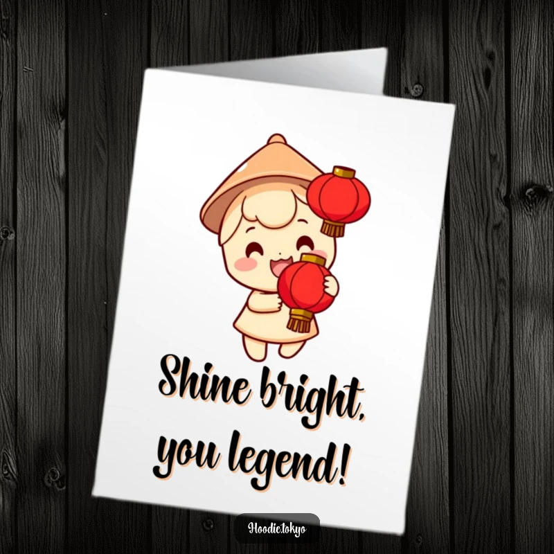 Funny Free Printable Congratulations Card: A character in a conical hat excitedly holds a bright red lantern, celebrating accomplishments.