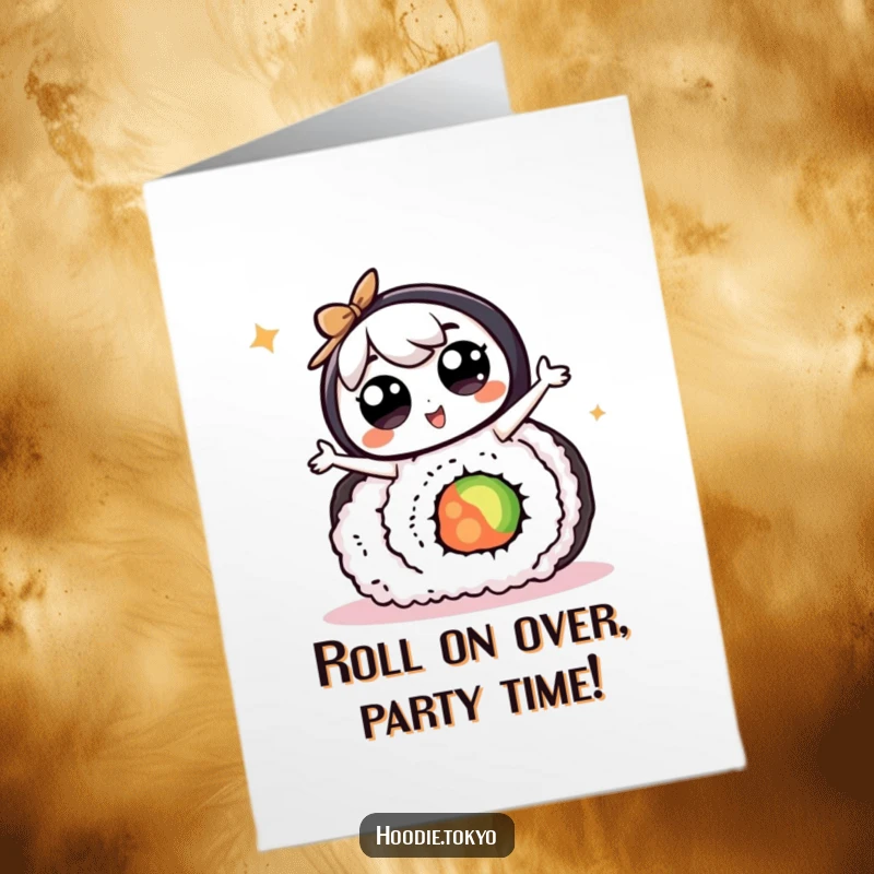 Funny Free Printable Congratulations Card: Adorable sushi dancer celebrating with a wacky dance on a big sushi roll.