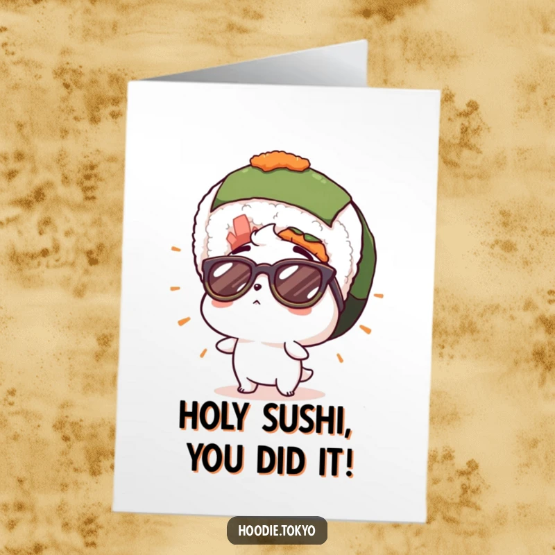 Funny Free Printable Congratulations Card: Surprised character in sunglasses stares in awe at a massive sushi roll, celebrating a great achievement.