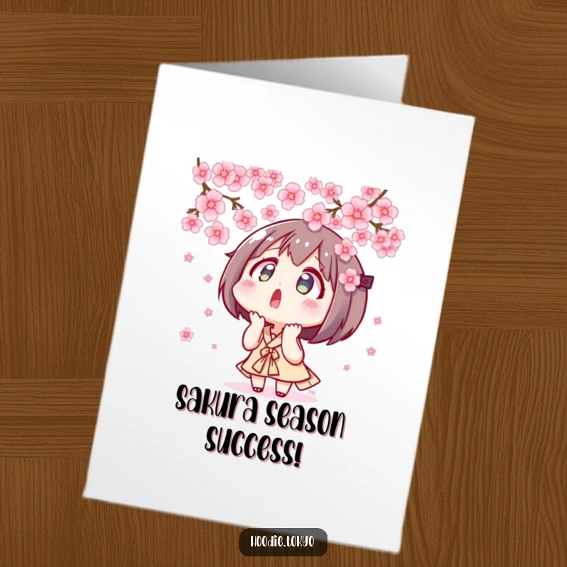 Funny Free Printable Congrats Card: A wide-eyed Tokyo character looking up in surprise at a stunning cascade of pink cherry blossoms.