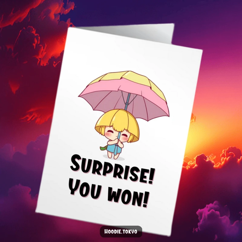 Funny Free Printable Congratulations Card: A character playfully hiding behind a very large, cartoon umbrella, with a mischievous look.