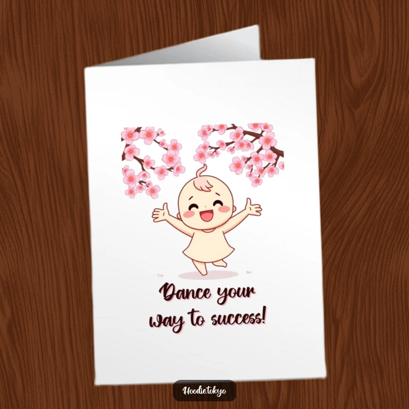 Funny Free Printable Congratulations Card: Character joyfully dancing under cherry blossoms, celebrating success with a big smile.