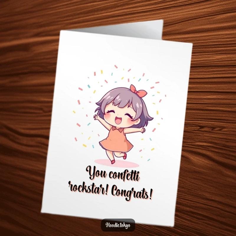 Funny Free Printable Congrats Card: A character dances gleefully under a cascade of celebratory confetti.