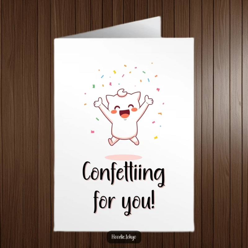 Funny Free Printable Congrats Card: Cute Kawaii character leaps with excitement, surrounded by celebratory confetti.