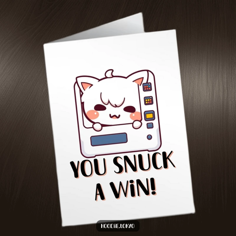 Funny Free Printable Congratulations Card: A Kawaii character with a sly grin peeking from behind a vending machine, celebrating success.