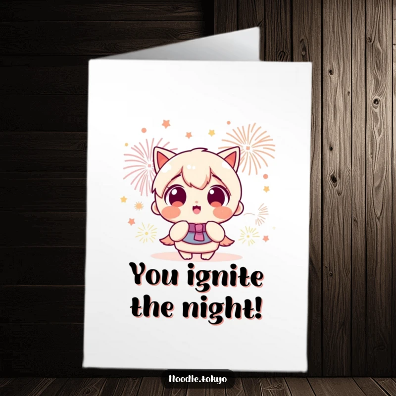 Funny Free Printable Congratulations Card: Kawaii character with wide, amazed eyes watching a dazzling display of fireworks light up the sky.