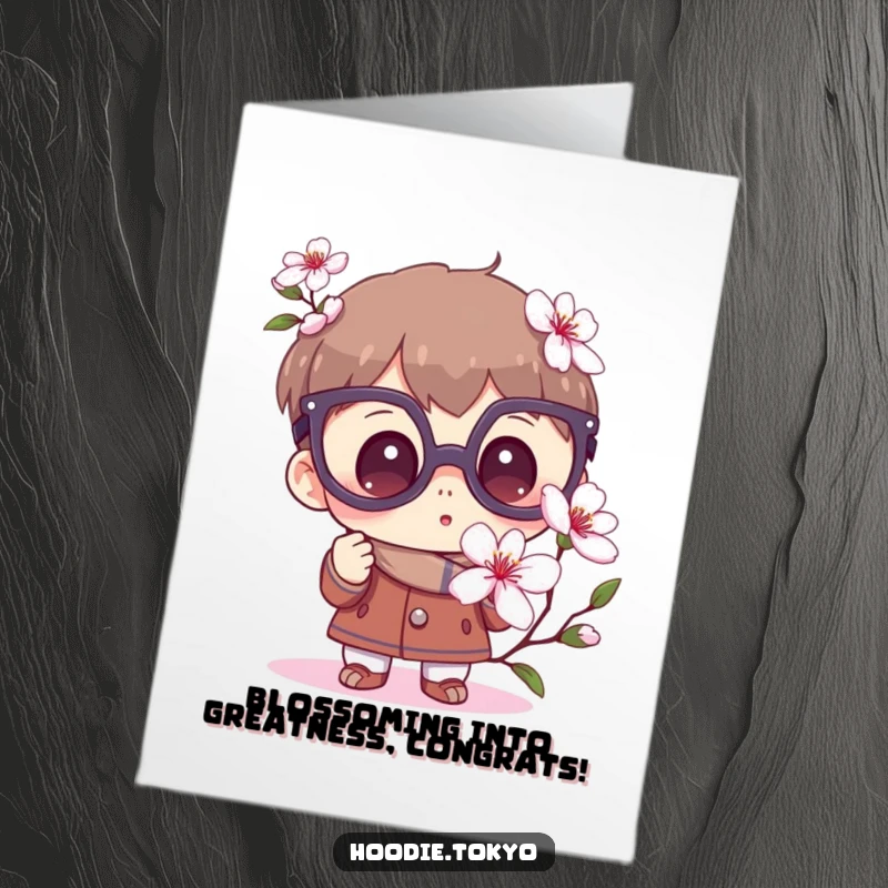 Free Printable Congratulations Card of a character with large glasses, looking with wonder at a delicate sakura bloom.