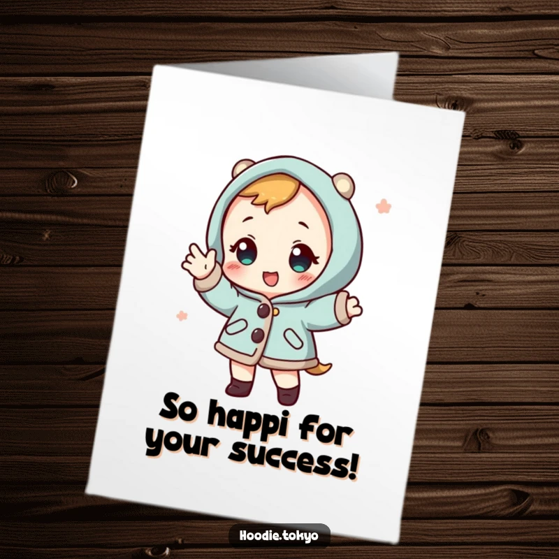 Funny Free Printable Congratulations Card: Cute character in a happi coat, playful pose, celebrating success, perfect for DIY gifting.