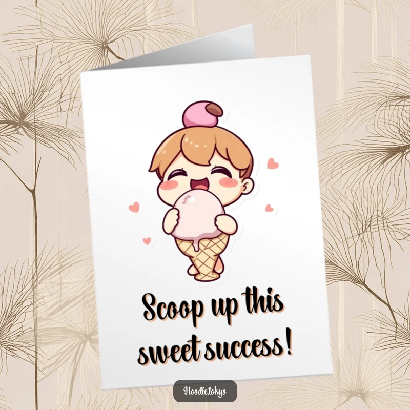 Funny Free Printable Congrats Card: Kawaii character celebrating with a huge ice cream, exuding joy and deliciousness for your greeting.