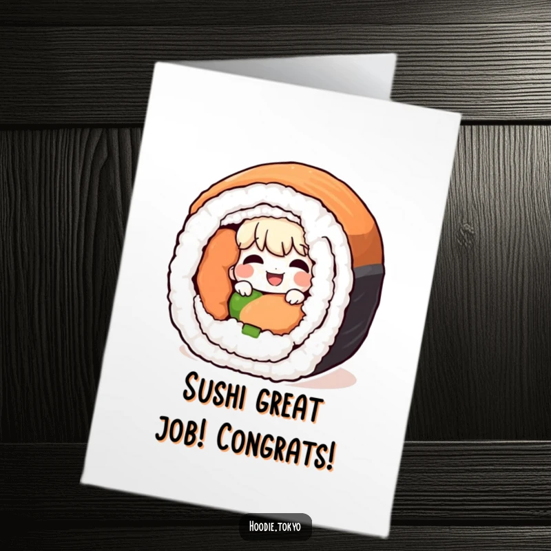 Funny Free Printable Congratulations Card: Giggling character peeking from behind a giant sushi roll, playful celebration, ideal for saying congrats.