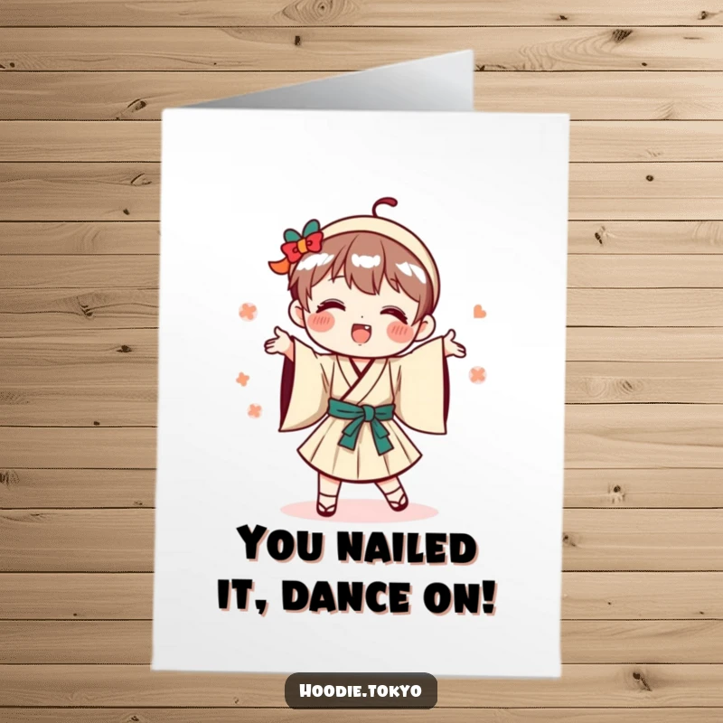 Free Printable Congratulations Card: A playful Japanese character in traditional attire performing a silly, celebratory dance with joy.