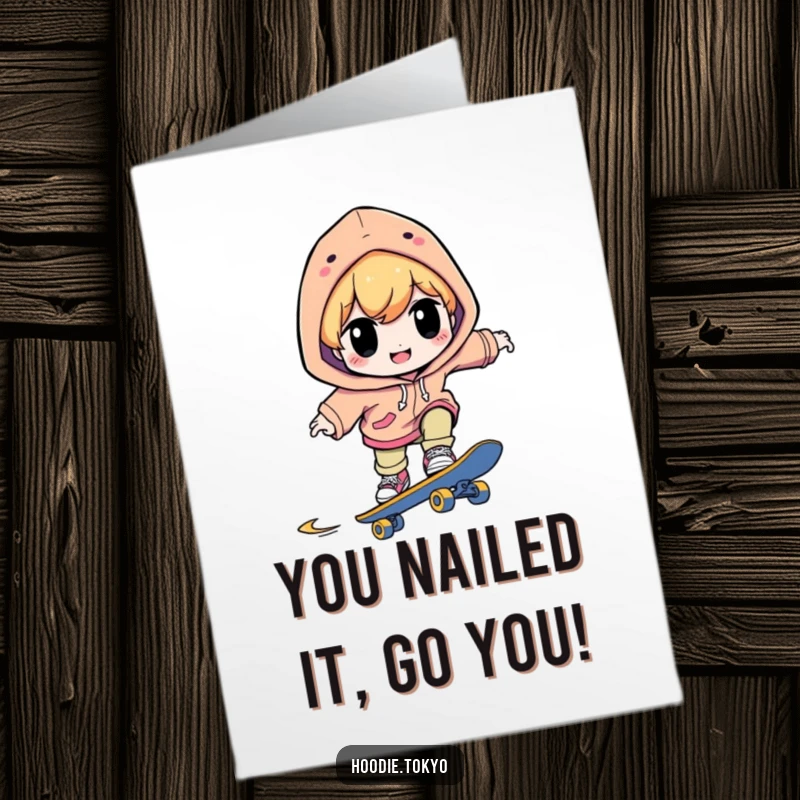 Funny Free Printable Congratulations Card: a character in a bright hoodie skates with intense concentration.