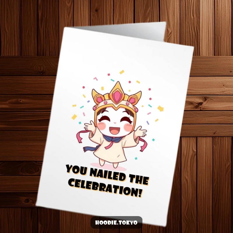 Funny Free Printable Congratulations Card: Character wearing a festival mask gleefully tossing handfuls of confetti upwards.