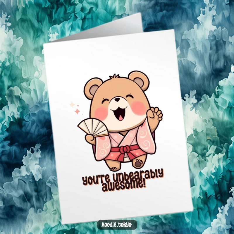 Funny Free Printable Congratulations Card: An excited bear in a kimono waves a fan, celebrating your wonderful success with glee.