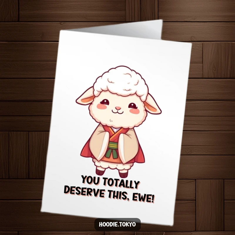 Funny Free Printable Congratulations Card: A smiling sheep in a kimono performs a graceful bow, celebrating your wonderful achievement.