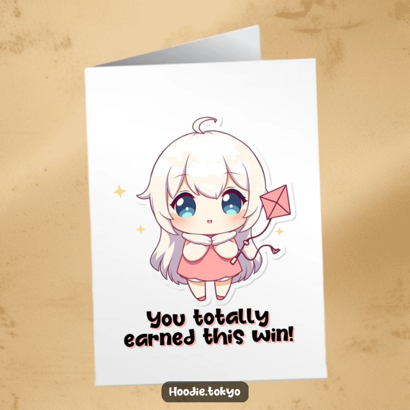 Funny free printable congratulations card showing a character with sparkling eyes holding a tiny whimsical kite, symbolizing uplifting achievements.