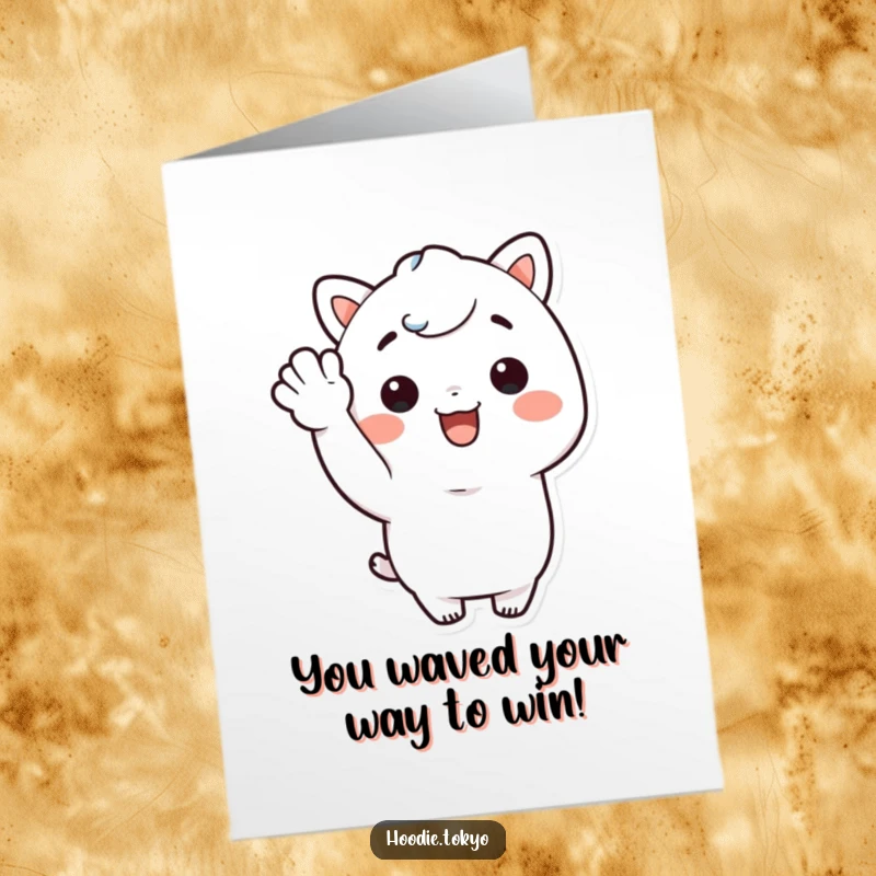 Funny Free Printable Congratulations Card: A Kawaii character enthusiastically waving with a massive, cheerful smile.